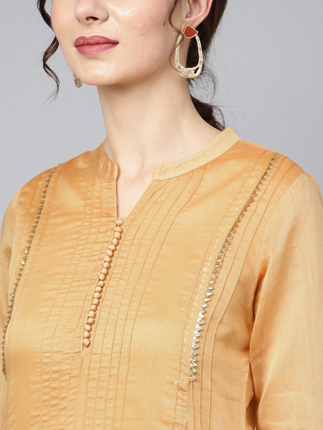 Mustard Brown Chanderi Straight Kurta With Lining With Solid Chocolate Brown Rayon Pants With Kotadoriya Dupatta | LASVINI - Redefining Indian Fashion with Elegance
