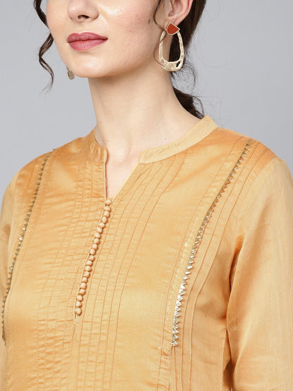 Mustard Brown Chanderi Straight Kurta With Lining With Solid Chocolate Brown Rayon Pants With Kotadoriya Dupatta | LASVINI - Redefining Indian Fashion with Elegance