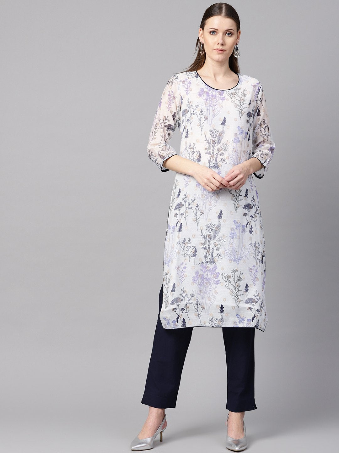 Floral Printed Chanderi 3/4Th Sleeve Kurta With Lining With Solid Navy Blue Pants | LASVINI - Redefining Indian Fashion with Elegance
