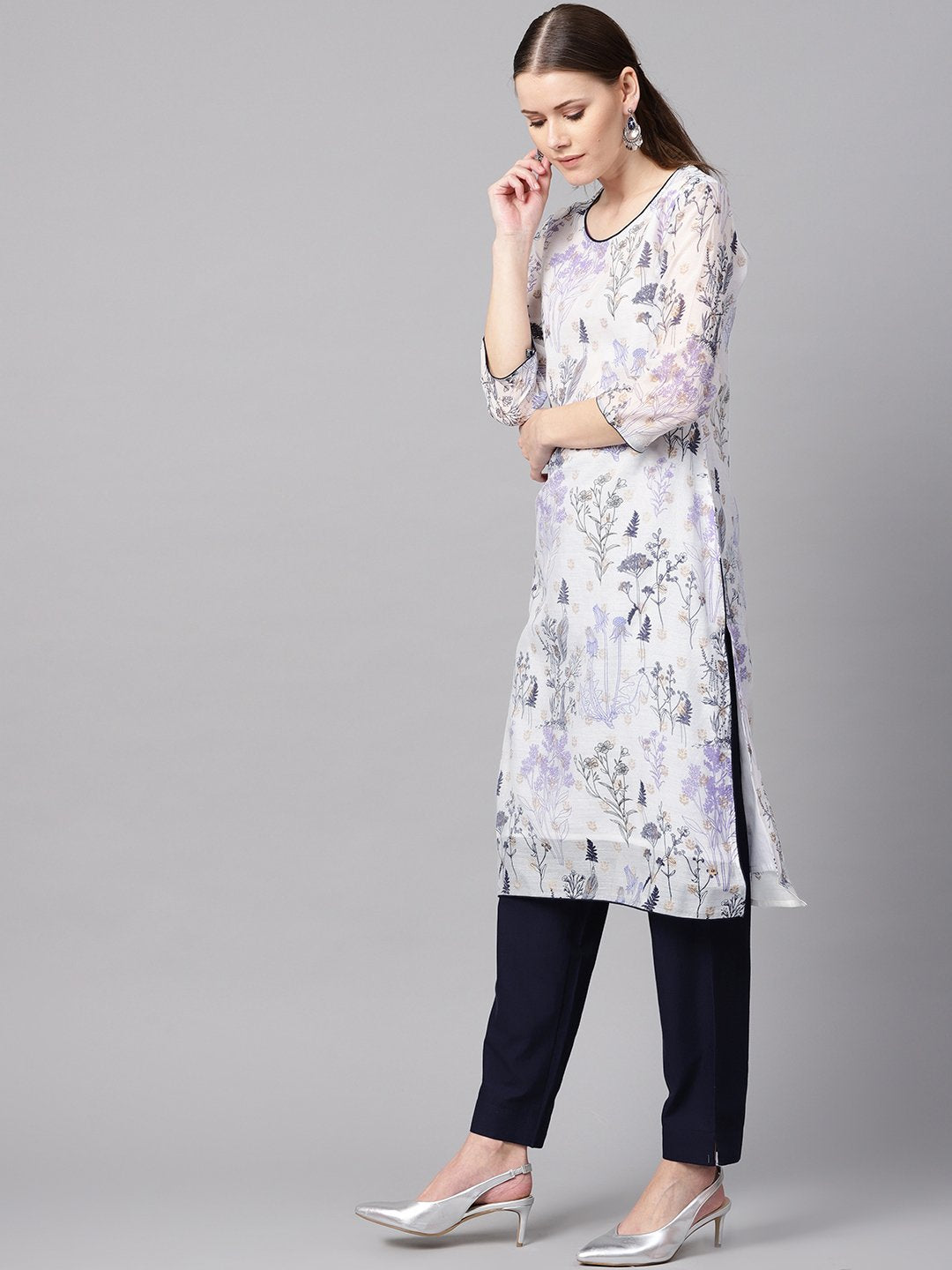 Floral Printed Chanderi 3/4Th Sleeve Kurta With Lining With Solid Navy Blue Pants | LASVINI - Redefining Indian Fashion with Elegance