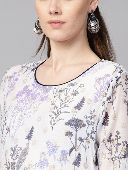 Floral Printed Chanderi 3/4Th Sleeve Kurta With Lining With Solid Navy Blue Pants | LASVINI - Redefining Indian Fashion with Elegance