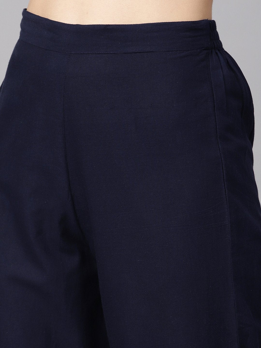 Floral Printed Chanderi 3/4Th Sleeve Kurta With Lining With Solid Navy Blue Pants | LASVINI - Redefining Indian Fashion with Elegance