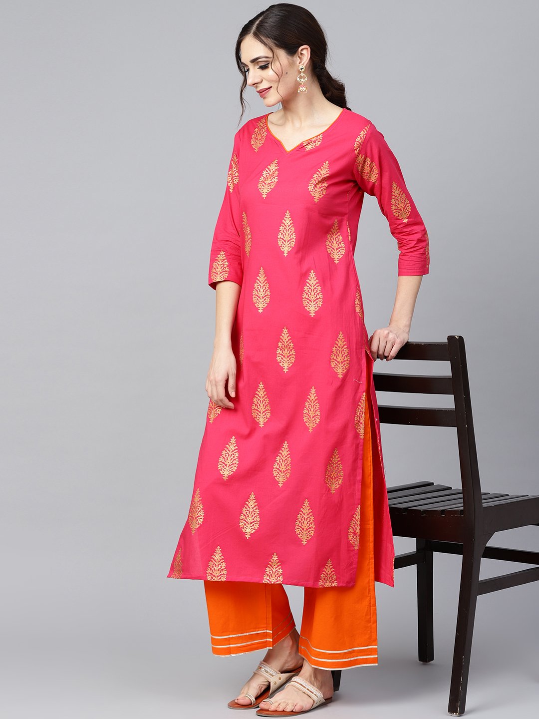 Red Gold Printed Kurta Set With Solid Orange Gota Detailing Pant | LASVINI - Redefining Indian Fashion with Elegance