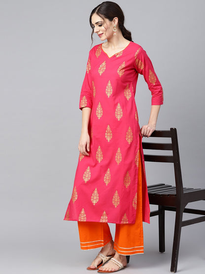 Red Gold Printed Kurta Set With Solid Orange Gota Detailing Pant | LASVINI - Redefining Indian Fashion with Elegance