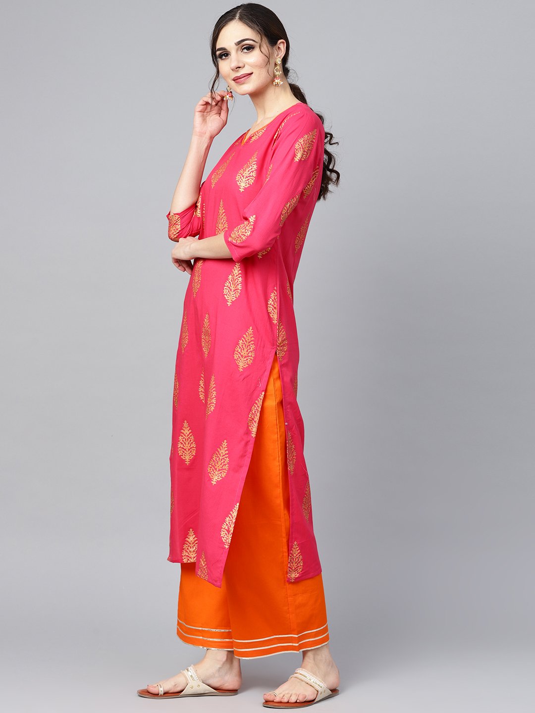 Red Gold Printed Kurta Set With Solid Orange Gota Detailing Pant | LASVINI - Redefining Indian Fashion with Elegance