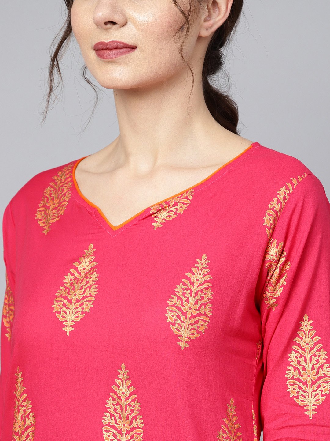 Red Gold Printed Kurta Set With Solid Orange Gota Detailing Pant | LASVINI - Redefining Indian Fashion with Elegance