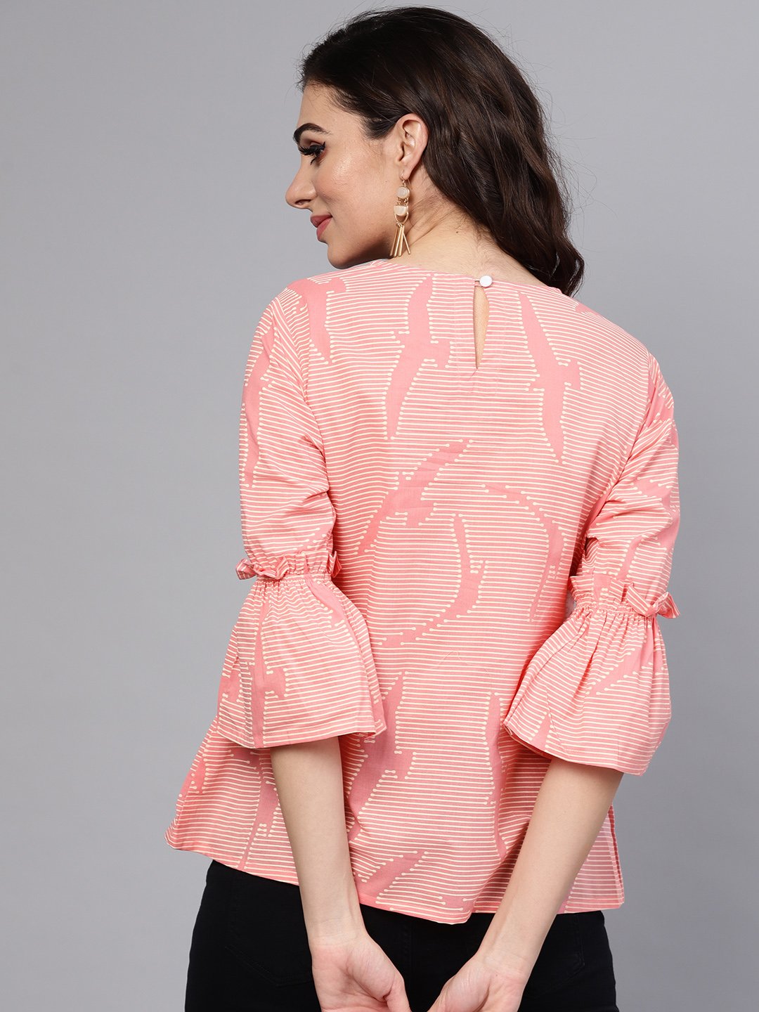 Pink Quirky Bird Printed Round Neck Frilled Sleeves Top | LASVINI - Redefining Indian Fashion with Elegance