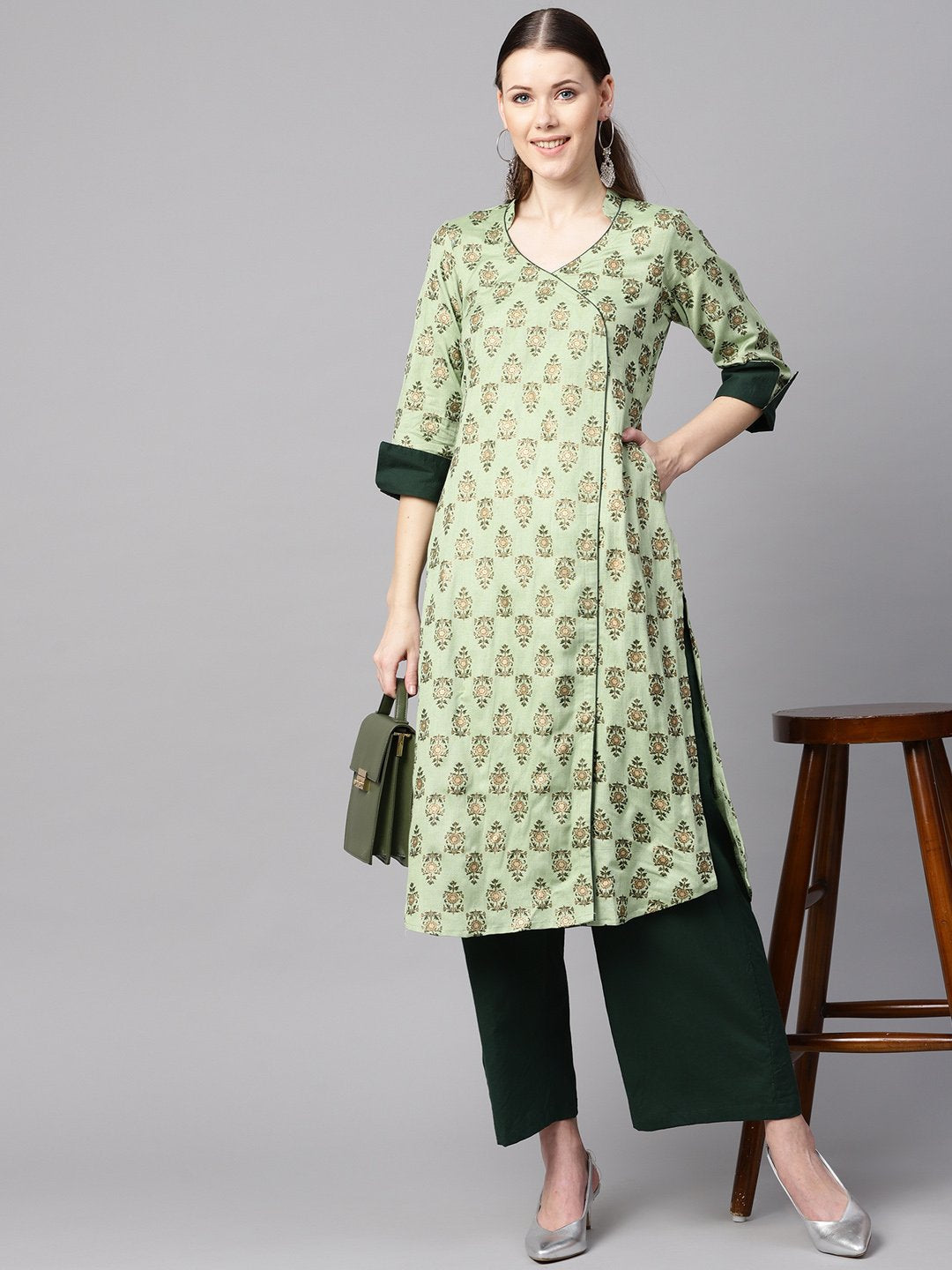 Green Floral Print V-Neck Collared 3/4Th Sleeve Straight Kurta With Revesible Cuff Detailing Solid Palazzo. | LASVINI - Redefining Indian Fashion with Elegance