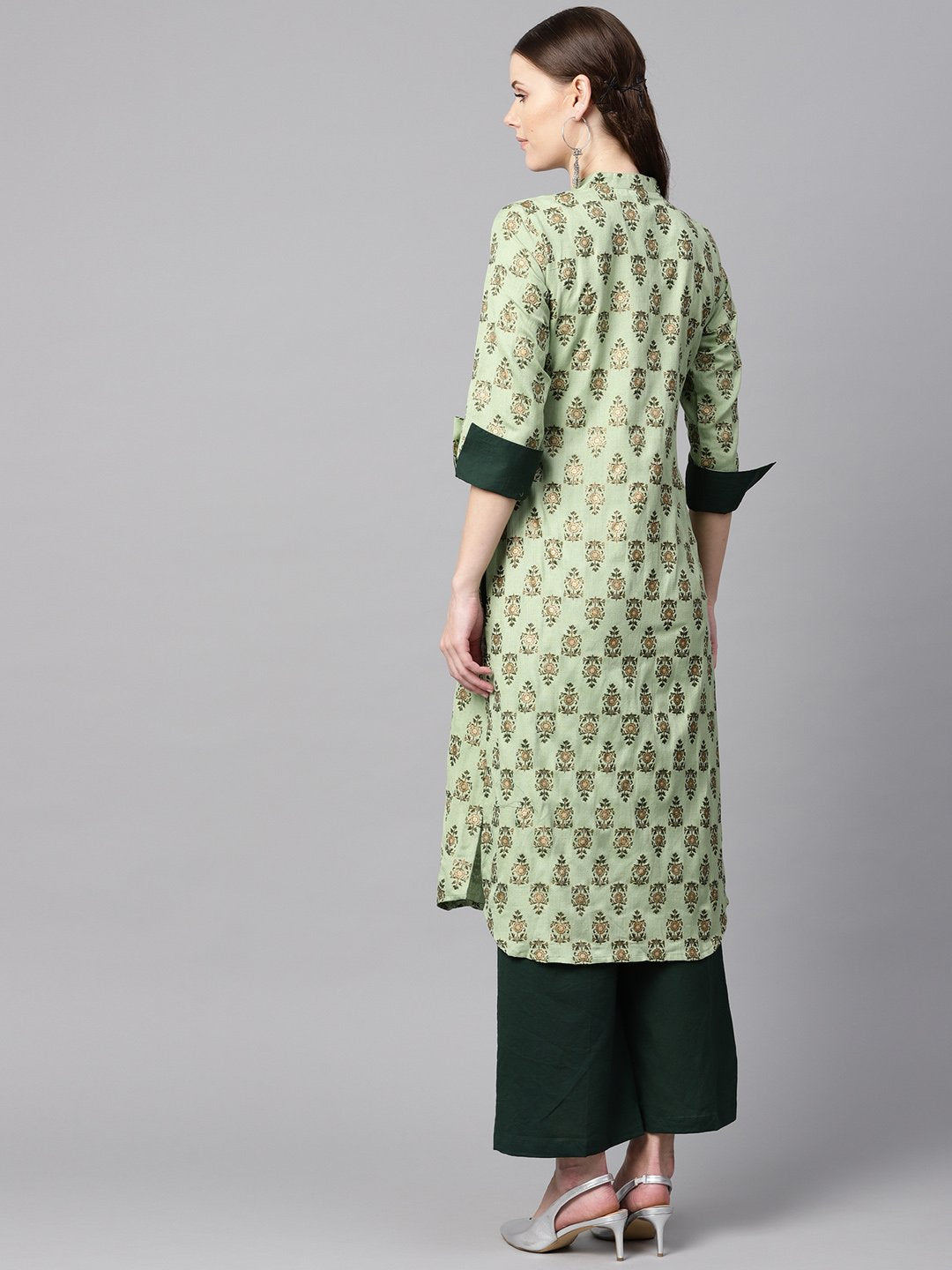 Green Floral Print V-Neck Collared 3/4Th Sleeve Straight Kurta With Revesible Cuff Detailing Solid Palazzo. | LASVINI - Redefining Indian Fashion with Elegance