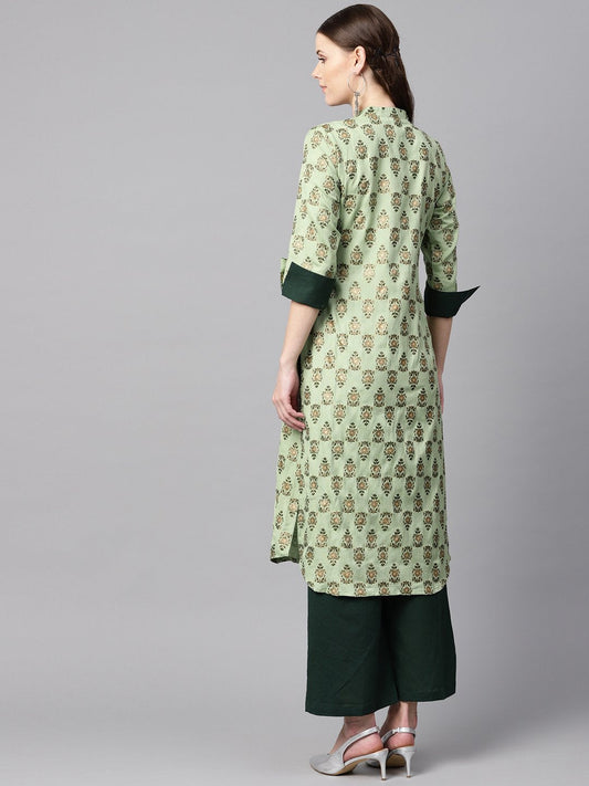 Green Floral Print V-Neck Collared 3/4Th Sleeve Straight Kurta With Revesible Cuff Detailing Solid Palazzo. | LASVINI - Redefining Indian Fashion with Elegance