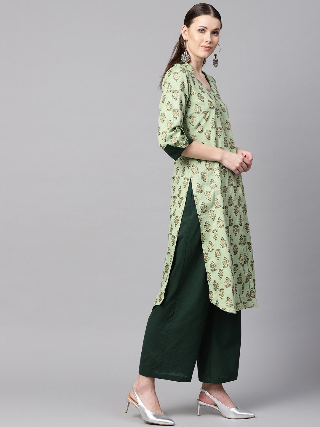 Green Floral Print V-Neck Collared 3/4Th Sleeve Straight Kurta With Revesible Cuff Detailing Solid Palazzo. | LASVINI - Redefining Indian Fashion with Elegance
