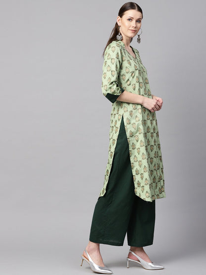 Green Floral Print V-Neck Collared 3/4Th Sleeve Straight Kurta With Revesible Cuff Detailing Solid Palazzo. | LASVINI - Redefining Indian Fashion with Elegance