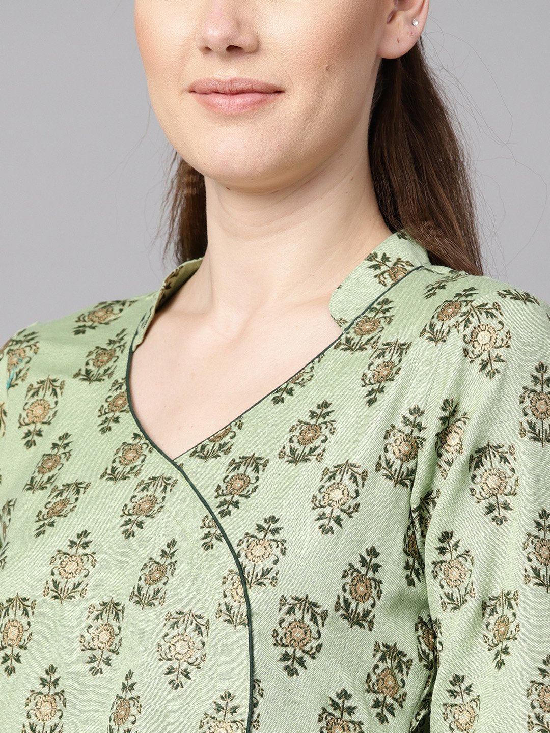 Green Floral Print V-Neck Collared 3/4Th Sleeve Straight Kurta With Revesible Cuff Detailing Solid Palazzo. | LASVINI - Redefining Indian Fashion with Elegance