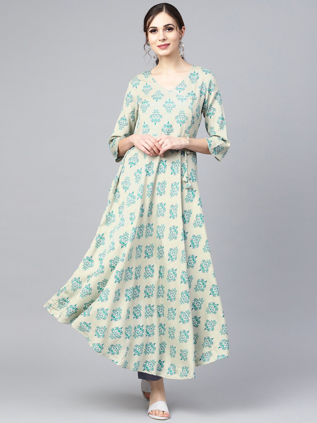 Sage Green Printed V-Neck Angrakha Style 3/4Th Assymetrical Sleeve Falred Kurta With Solid Pants. | LASVINI - Redefining Indian Fashion with Elegance