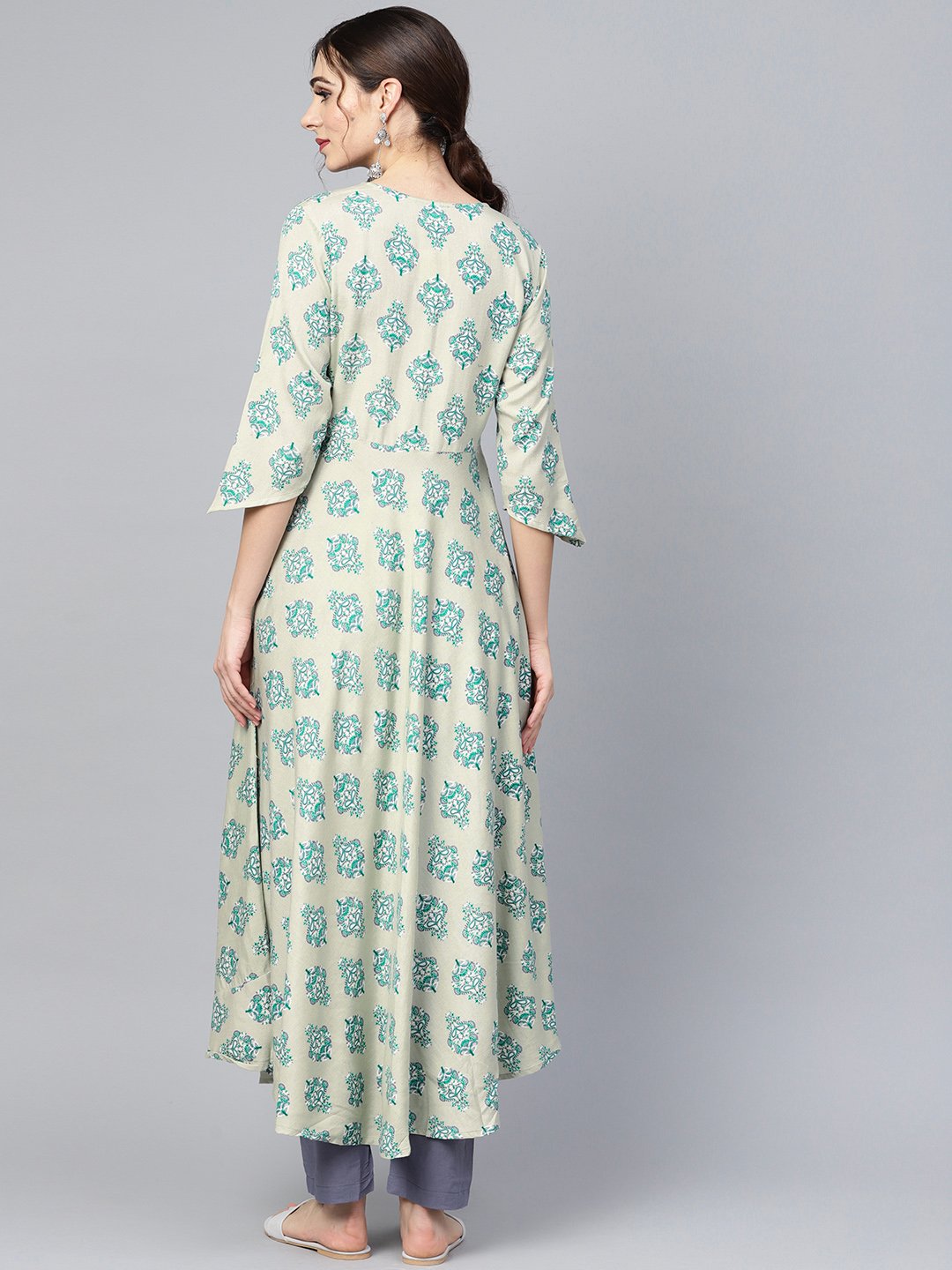 Sage Green Printed V-Neck Angrakha Style 3/4Th Assymetrical Sleeve Falred Kurta With Solid Pants. | LASVINI - Redefining Indian Fashion with Elegance