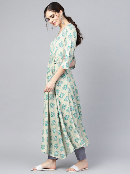 Sage Green Printed V-Neck Angrakha Style 3/4Th Assymetrical Sleeve Falred Kurta With Solid Pants. | LASVINI - Redefining Indian Fashion with Elegance