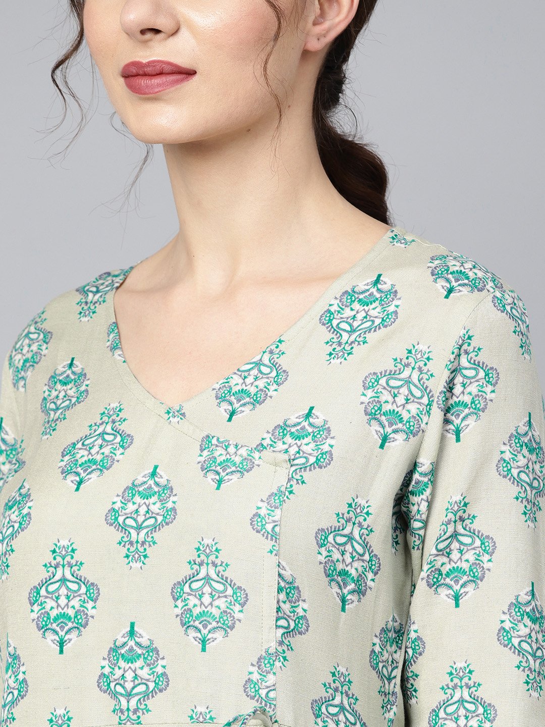 Sage Green Printed V-Neck Angrakha Style 3/4Th Assymetrical Sleeve Falred Kurta With Solid Pants. | LASVINI - Redefining Indian Fashion with Elegance