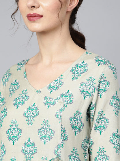 Sage Green Printed V-Neck Angrakha Style 3/4Th Assymetrical Sleeve Falred Kurta With Solid Pants. | LASVINI - Redefining Indian Fashion with Elegance