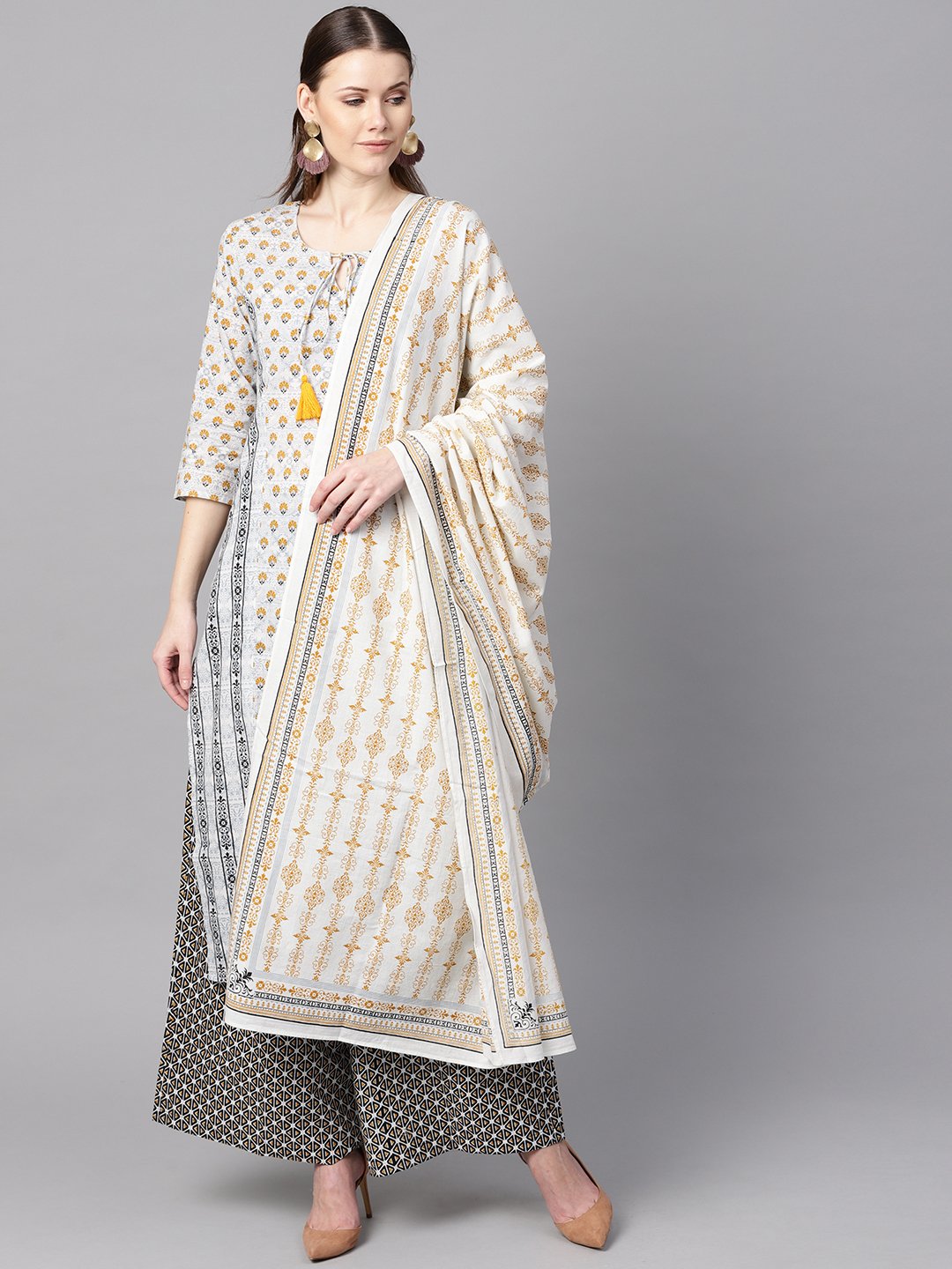 Light Grey Printed Round Neck With Slit And Hangings 3/4Th Sleeve Straight Panneled Kurta With Printed Palazzo And Printed Dupatta. | LASVINI - Redefining Indian Fashion with Elegance