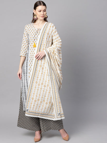 Light Grey Printed Round Neck With Slit And Hangings 3/4Th Sleeve Straight Panneled Kurta With Printed Palazzo And Printed Dupatta. | LASVINI - Redefining Indian Fashion with Elegance