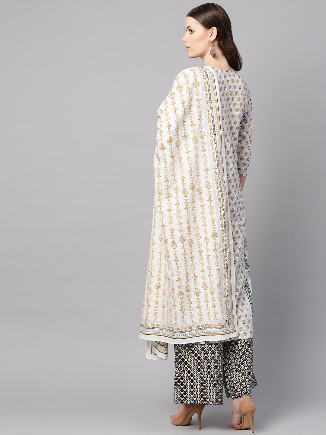 Light Grey Printed Round Neck With Slit And Hangings 3/4Th Sleeve Straight Panneled Kurta With Printed Palazzo And Printed Dupatta. | LASVINI - Redefining Indian Fashion with Elegance