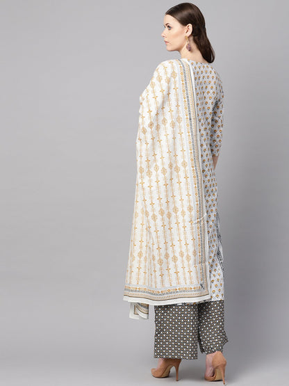 Light Grey Printed Round Neck With Slit And Hangings 3/4Th Sleeve Straight Panneled Kurta With Printed Palazzo And Printed Dupatta. | LASVINI - Redefining Indian Fashion with Elegance