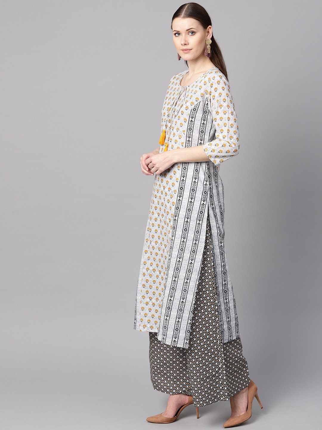 Light Grey Printed Round Neck With Slit And Hangings 3/4Th Sleeve Straight Panneled Kurta With Printed Palazzo And Printed Dupatta. | LASVINI - Redefining Indian Fashion with Elegance