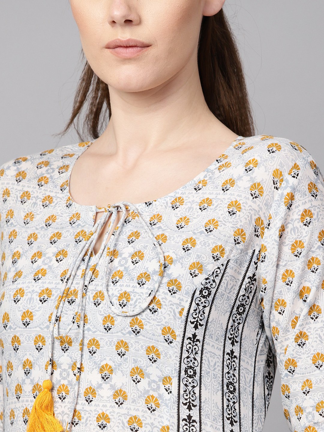 Light Grey Printed Round Neck With Slit And Hangings 3/4Th Sleeve Straight Panneled Kurta With Printed Palazzo And Printed Dupatta. | LASVINI - Redefining Indian Fashion with Elegance