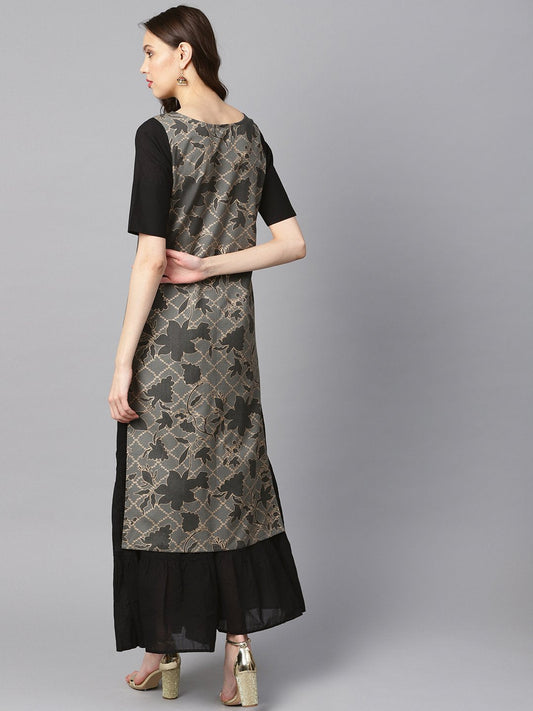 Grey And Gold Floral Printed Keyhole Neck Kurta With Schiffli At Yoke. | LASVINI - Redefining Indian Fashion with Elegance