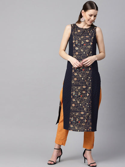 Navy Blue Gold Geometric Printed Sleeveless Kurta With Panneled Schiffli | LASVINI - Redefining Indian Fashion with Elegance