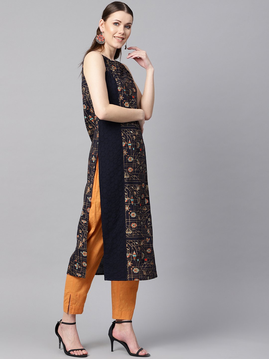 Navy Blue Gold Geometric Printed Sleeveless Kurta With Panneled Schiffli | LASVINI - Redefining Indian Fashion with Elegance