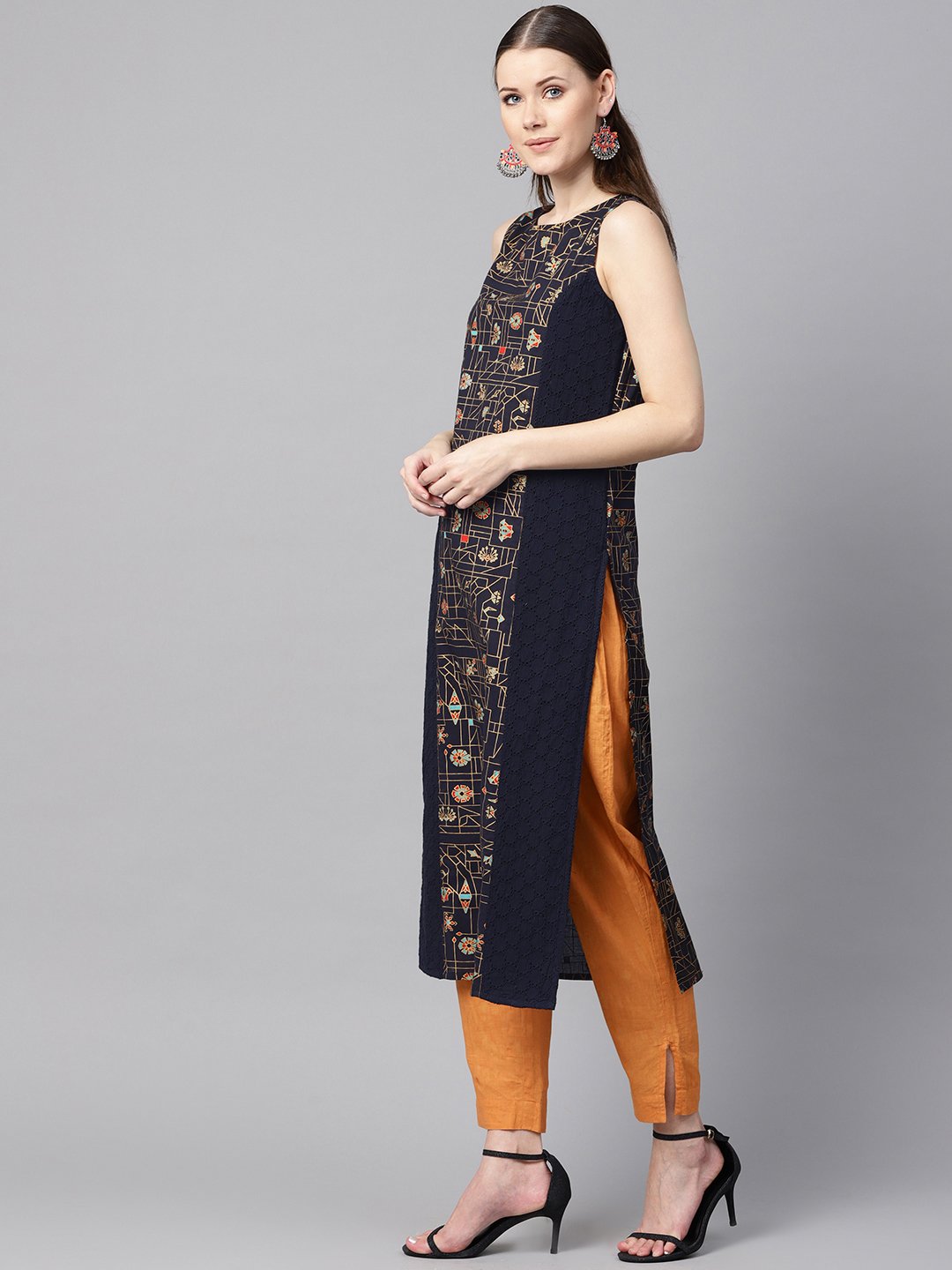 Navy Blue Gold Geometric Printed Sleeveless Kurta With Panneled Schiffli | LASVINI - Redefining Indian Fashion with Elegance
