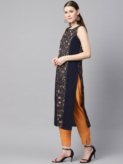 Navy Blue Gold Geometric Printed Sleeveless Kurta With Panneled Schiffli | LASVINI - Redefining Indian Fashion with Elegance