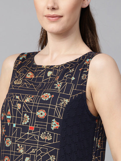 Navy Blue Gold Geometric Printed Sleeveless Kurta With Panneled Schiffli | LASVINI - Redefining Indian Fashion with Elegance