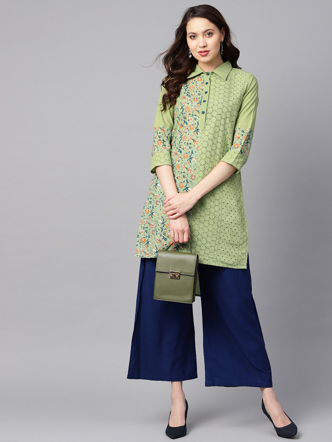 Green Floral Printed With Schiffli High-Low 3/4Th Sleeve Kurta | LASVINI - Redefining Indian Fashion with Elegance