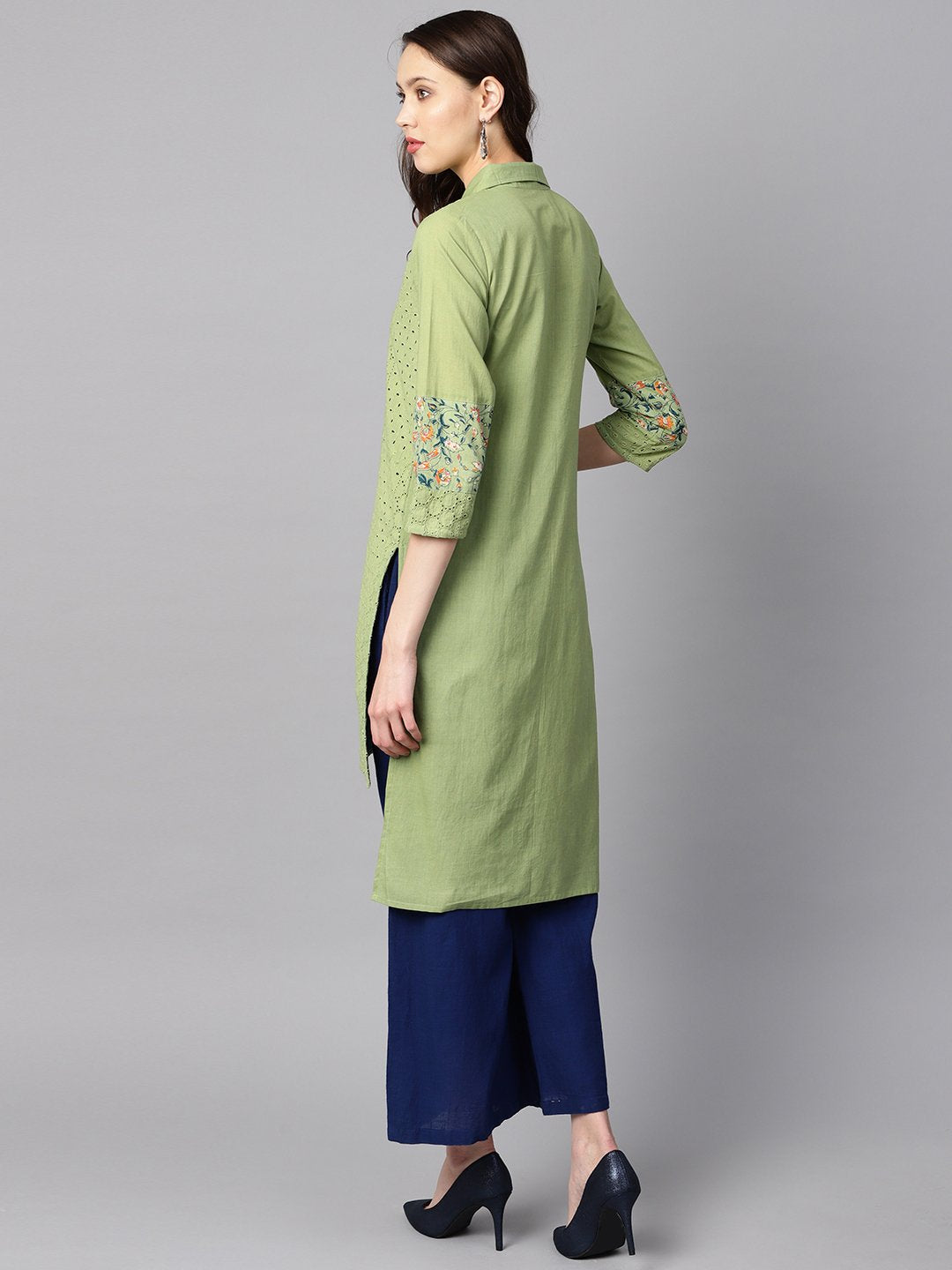 Green Floral Printed With Schiffli High-Low 3/4Th Sleeve Kurta | LASVINI - Redefining Indian Fashion with Elegance