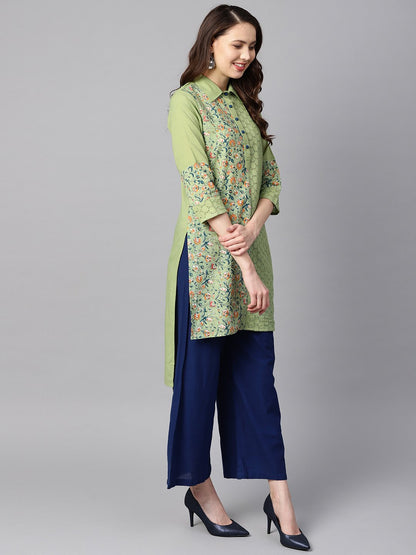 Green Floral Printed With Schiffli High-Low 3/4Th Sleeve Kurta | LASVINI - Redefining Indian Fashion with Elegance