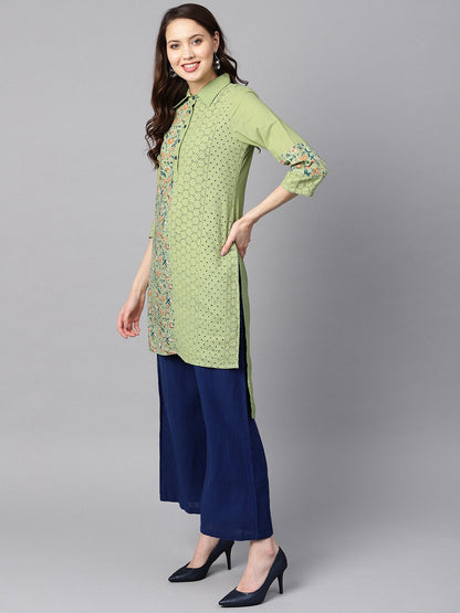 Green Floral Printed With Schiffli High-Low 3/4Th Sleeve Kurta | LASVINI - Redefining Indian Fashion with Elegance