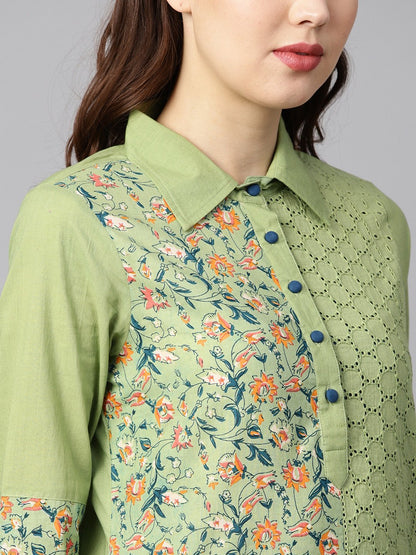 Green Floral Printed With Schiffli High-Low 3/4Th Sleeve Kurta | LASVINI - Redefining Indian Fashion with Elegance