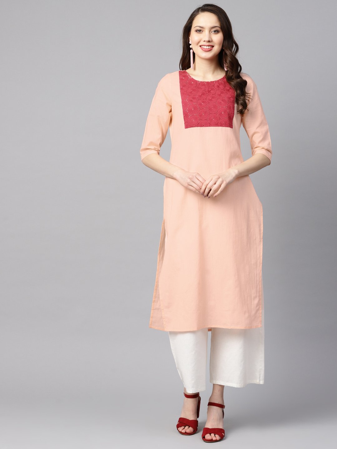 Peach Color Solid 3/4Th Sleeve Yoke Schiffli Detailing Straight Kurta | LASVINI - Redefining Indian Fashion with Elegance