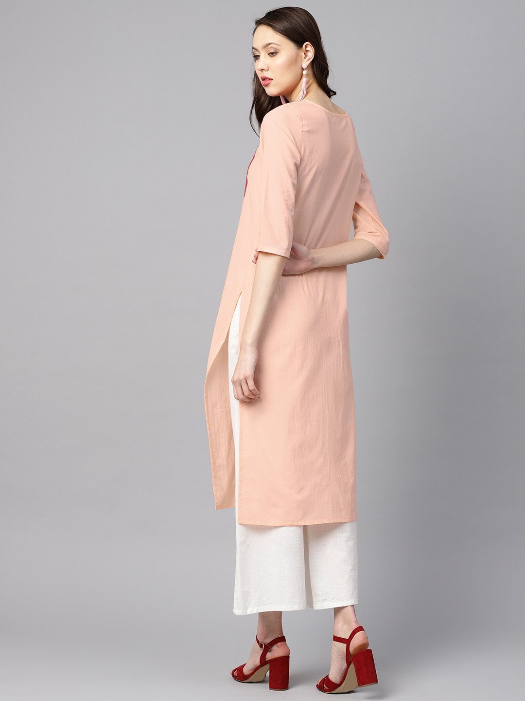 Peach Color Solid 3/4Th Sleeve Yoke Schiffli Detailing Straight Kurta | LASVINI - Redefining Indian Fashion with Elegance