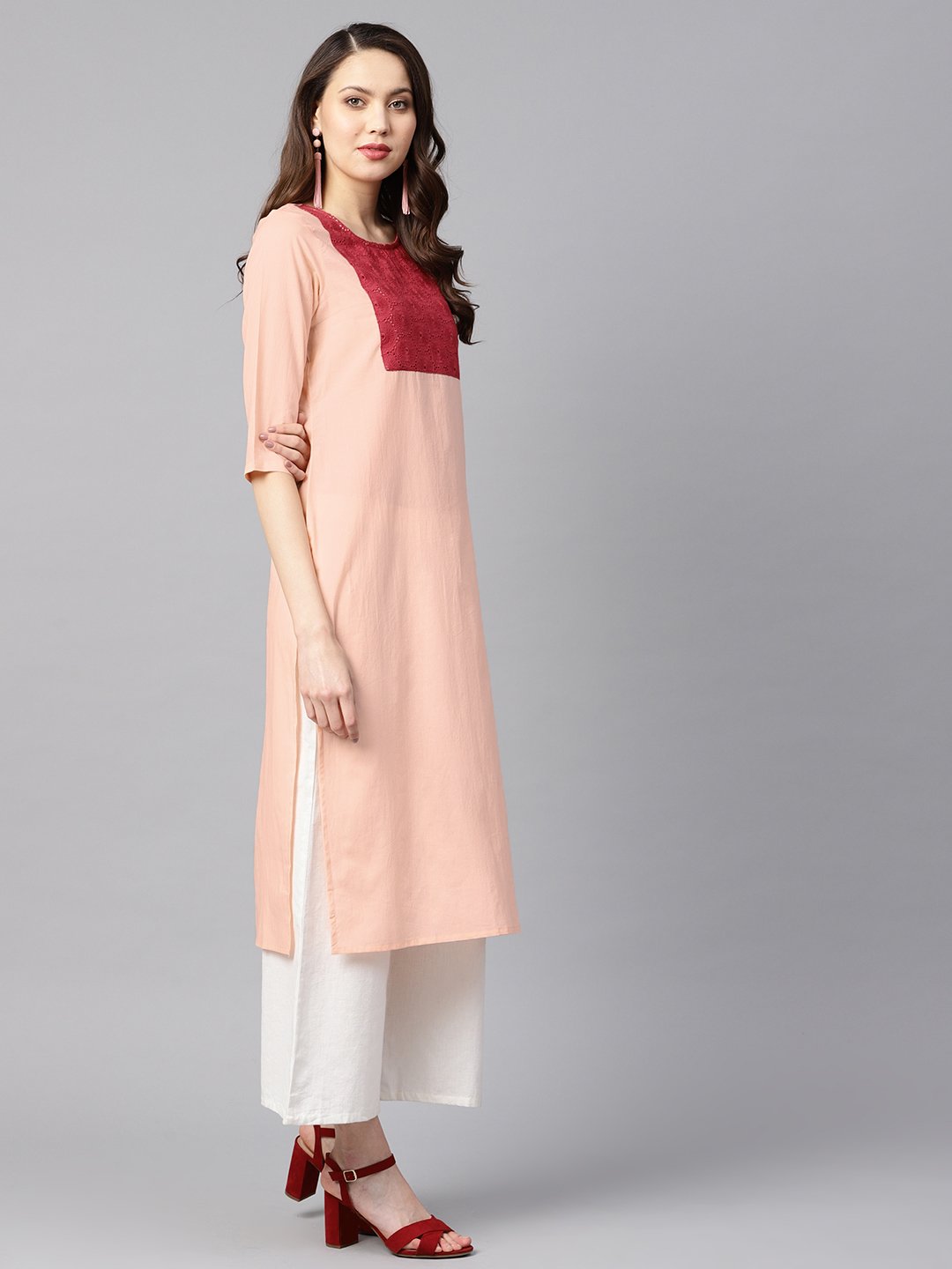 Peach Color Solid 3/4Th Sleeve Yoke Schiffli Detailing Straight Kurta | LASVINI - Redefining Indian Fashion with Elegance