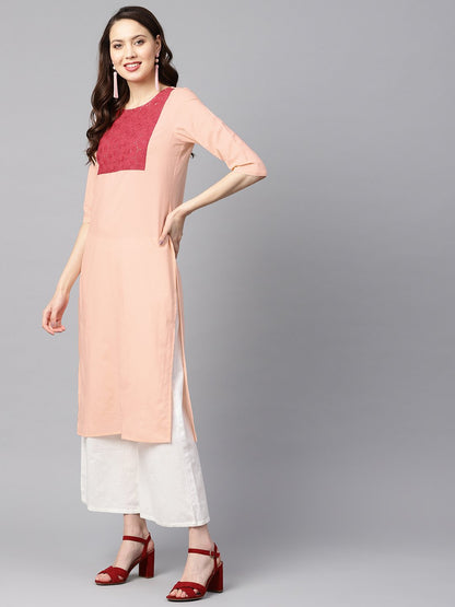 Peach Color Solid 3/4Th Sleeve Yoke Schiffli Detailing Straight Kurta | LASVINI - Redefining Indian Fashion with Elegance