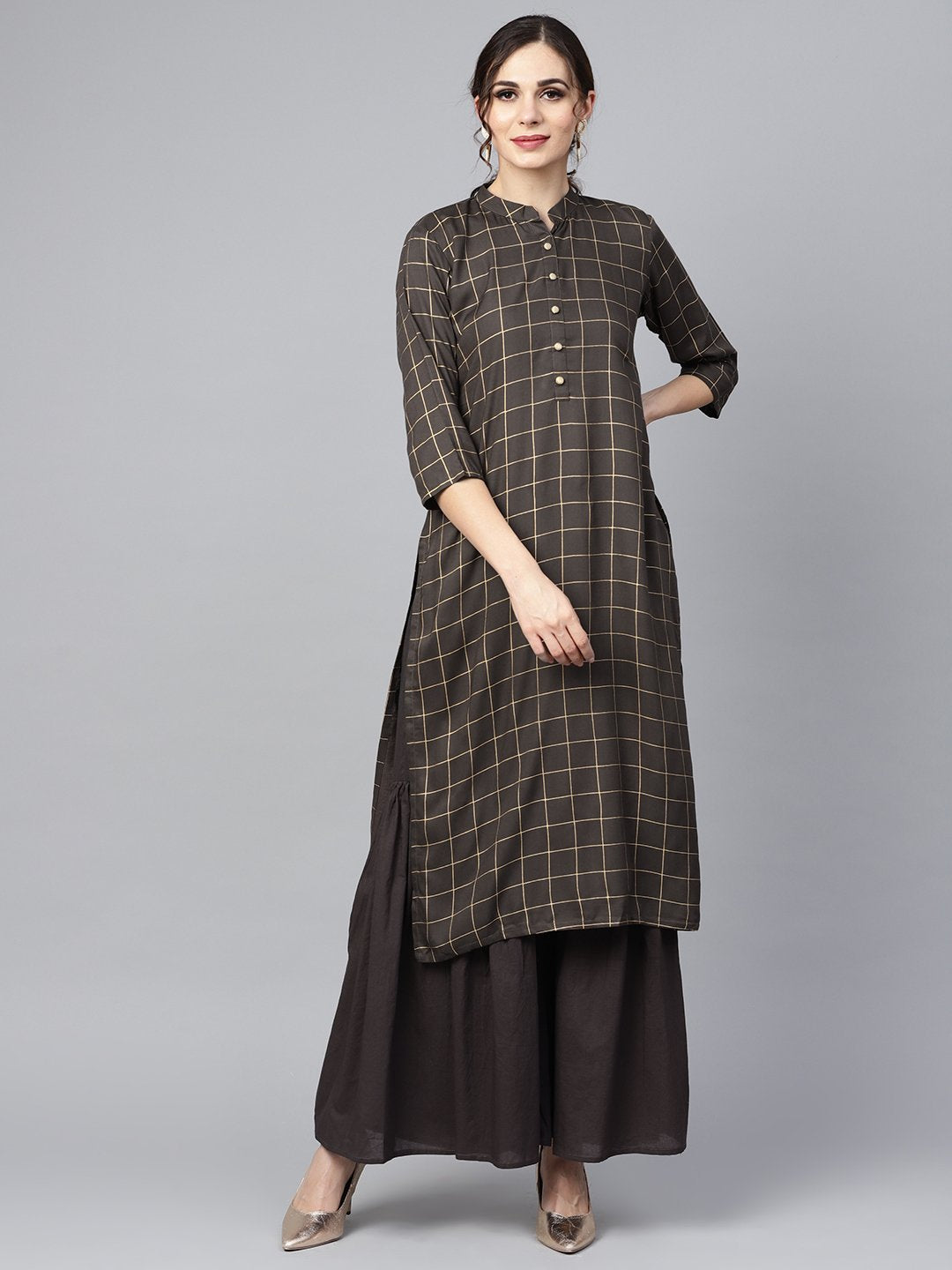 Black Checkered Gold Printed 3/4Th Sleeve Chinese Collared Button Detailing Kurta With Solid Sharara | LASVINI - Redefining Indian Fashion with Elegance
