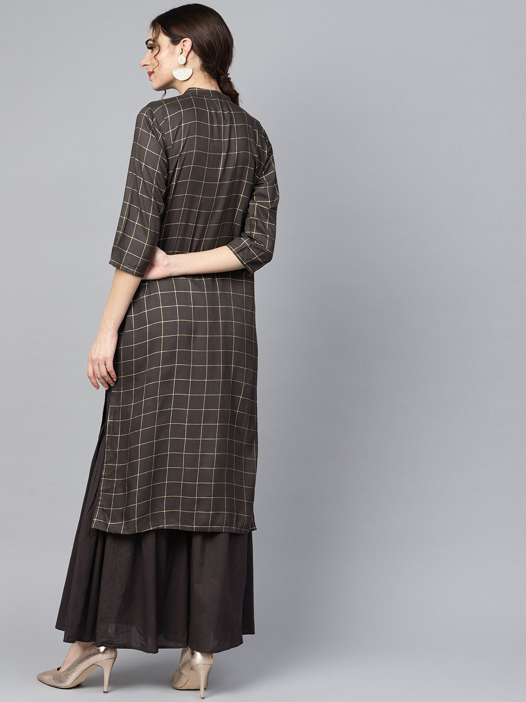 Black Checkered Gold Printed 3/4Th Sleeve Chinese Collared Button Detailing Kurta With Solid Sharara | LASVINI - Redefining Indian Fashion with Elegance