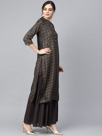 Black Checkered Gold Printed 3/4Th Sleeve Chinese Collared Button Detailing Kurta With Solid Sharara | LASVINI - Redefining Indian Fashion with Elegance