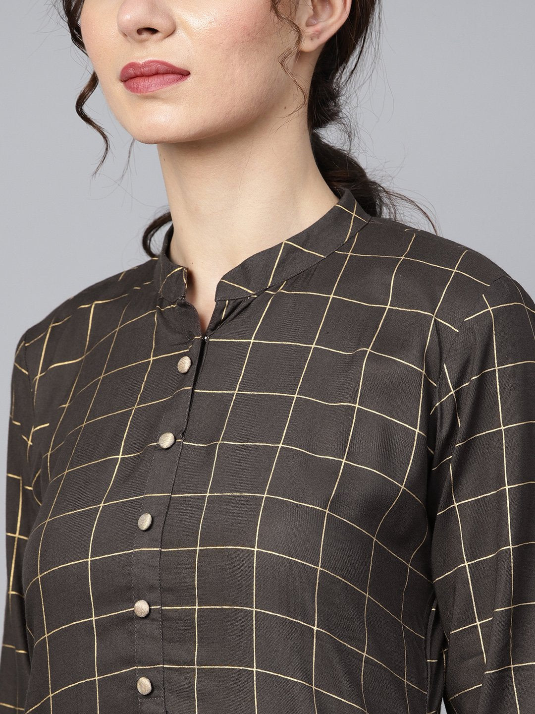 Black Checkered Gold Printed 3/4Th Sleeve Chinese Collared Button Detailing Kurta With Solid Sharara | LASVINI - Redefining Indian Fashion with Elegance