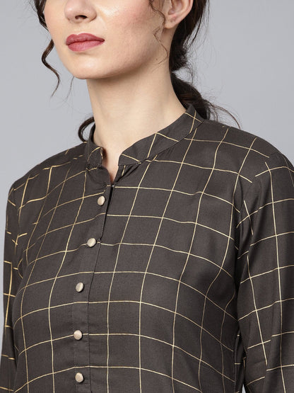 Black Checkered Gold Printed 3/4Th Sleeve Chinese Collared Button Detailing Kurta With Solid Sharara | LASVINI - Redefining Indian Fashion with Elegance