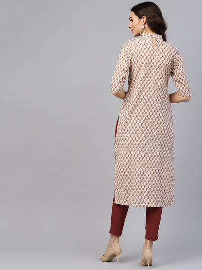 White Printed Closed Collar With Back Slit Opening 3/4Th Sleeve Front Pleated Kurta With Side Pockets With Solid Ciggratte Pants | LASVINI - Redefining Indian Fashion with Elegance