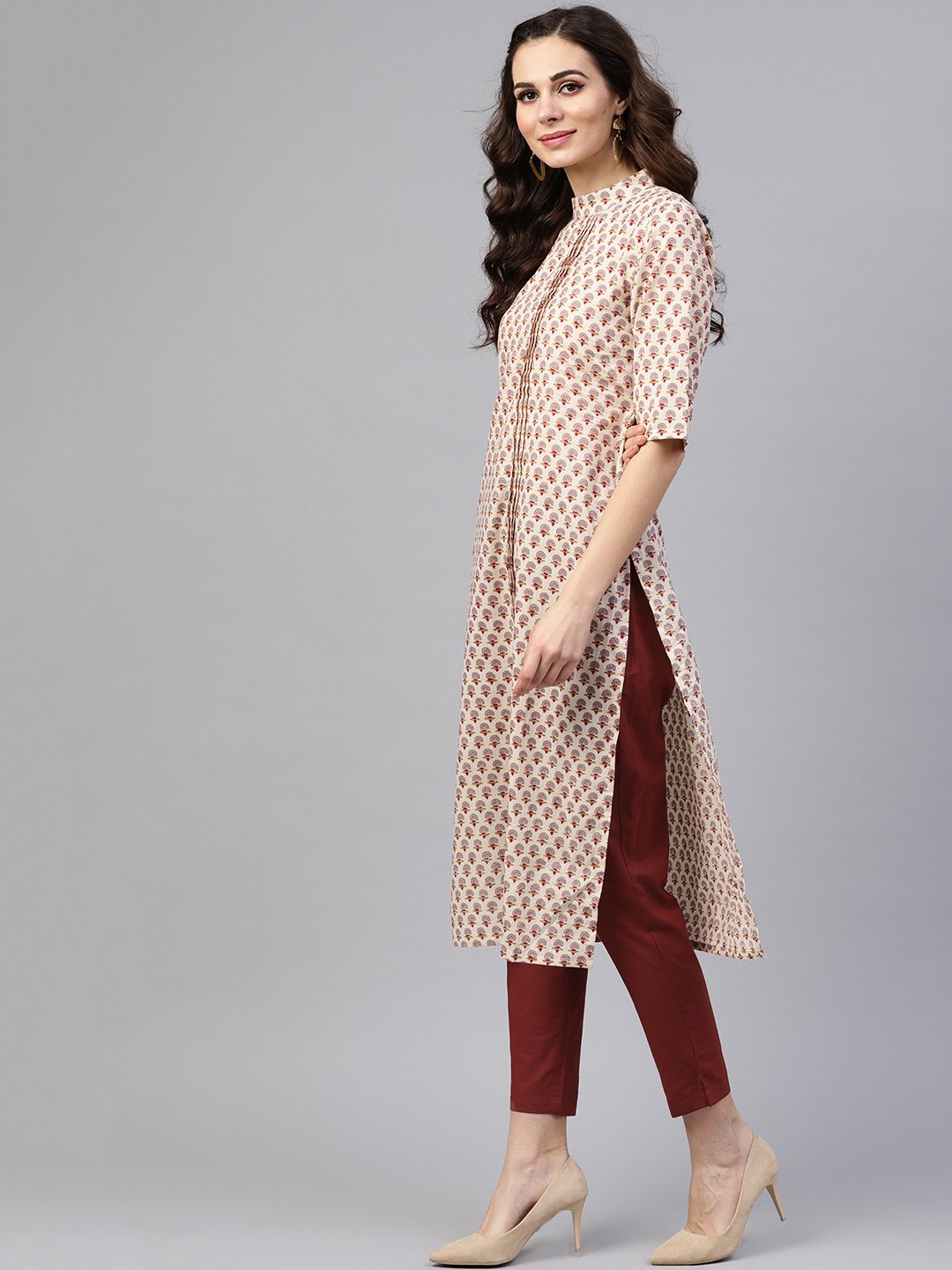 White Printed Closed Collar With Back Slit Opening 3/4Th Sleeve Front Pleated Kurta With Side Pockets With Solid Ciggratte Pants | LASVINI - Redefining Indian Fashion with Elegance